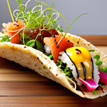 **Sushi Taco Fusion:** A vibrant and colorful fusion dish featuring sushi ingredients artfully arranged inside a crispy taco shell, topped with a spicy wasabi mayo drizzle and microgreens.