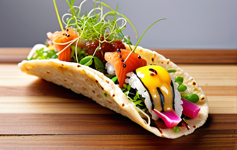 **Sushi Taco Fusion:** A vibrant and colorful fusion dish featuring sushi ingredients artfully arranged inside a crispy taco shell, topped with a spicy wasabi mayo drizzle and microgreens.