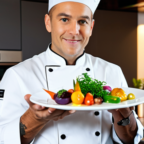 Home 17 A professional chef, fully clothed in a clean, modest chef's jacket, stands confidently in a sleek, modern kitchen with warm, ambient lighting. The chef is expertly presenting an exquisitely plated, innovative plant-based dish, showcasing vibrant, colorful vegetables, complex textures, and artistic garnishes on a clean white plate. The background features subtle, high-end kitchen equipment and a tidy, professional environment. perfect anatomy, correct proportions, natural pose, well-formed hands, proper finger count, natural body proportions, professional photography, high quality, safe for work, appropriate content, fully clothed, professional, family-friendly.