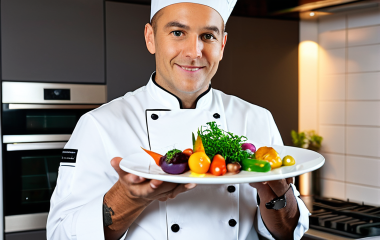 A professional chef, fully clothed in a clean, modest chef's jacket, stands confidently in a sleek, modern kitchen with warm, ambient lighting. The chef is expertly presenting an exquisitely plated, innovative plant-based dish, showcasing vibrant, colorful vegetables, complex textures, and artistic garnishes on a clean white plate. The background features subtle, high-end kitchen equipment and a tidy, professional environment. perfect anatomy, correct proportions, natural pose, well-formed hands, proper finger count, natural body proportions, professional photography, high quality, safe for work, appropriate content, fully clothed, professional, family-friendly.