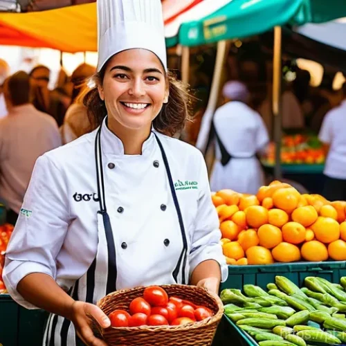 다문화 요리사와 제철 재료 활용법 - **"A vibrant and bustling Lisbon market scene, with a diverse young female chef (wearing a clean che...