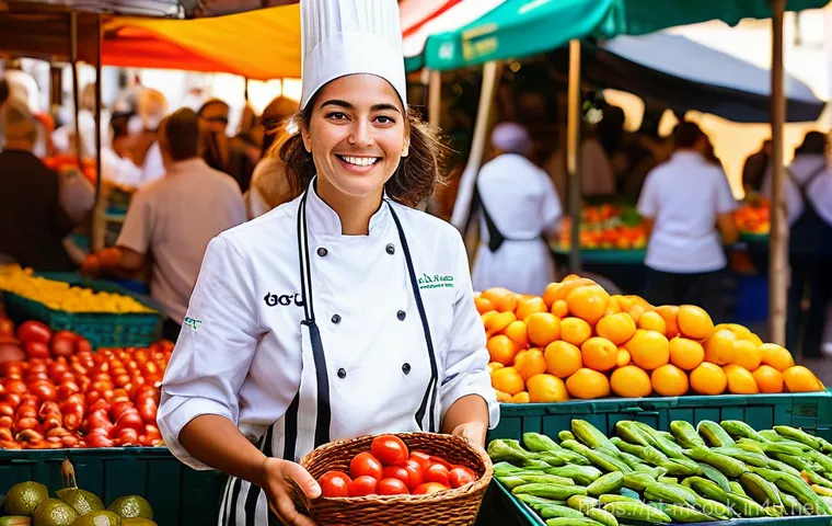 다문화 요리사와 제철 재료 활용법 - **"A vibrant and bustling Lisbon market scene, with a diverse young female chef (wearing a clean che...