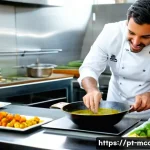 다문화 요리사의 글로벌 트렌드 해석 - **"Global Fusion in a Portuguese Kitchen"**
    A vibrant, modern professional kitchen in Lisbon. A ...