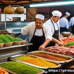 다문화 요리사와 외식업계 변화 - A vibrant multicultural food market scene showcasing chefs from diverse cultural backgrounds—Indian,...