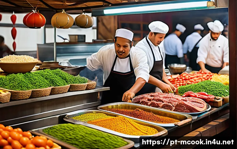 다문화 요리사와 외식업계 변화 - A vibrant multicultural food market scene showcasing chefs from diverse cultural backgrounds—Indian,...