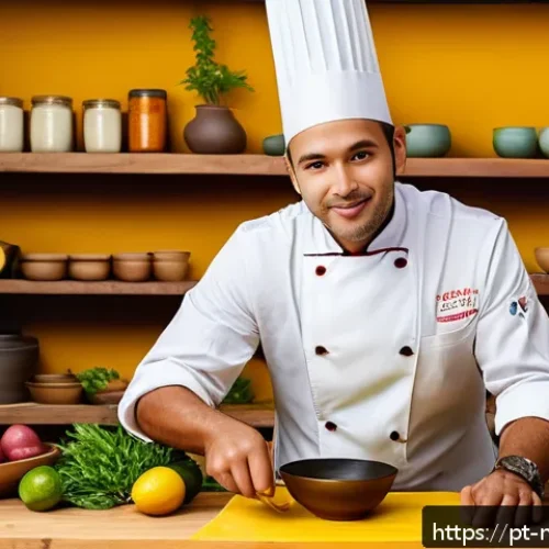 Home 31 다문화 요리사 경력관리 - A vibrant multicultural kitchen scene showcasing a professional chef in mid-30s, wearing a clean whi...