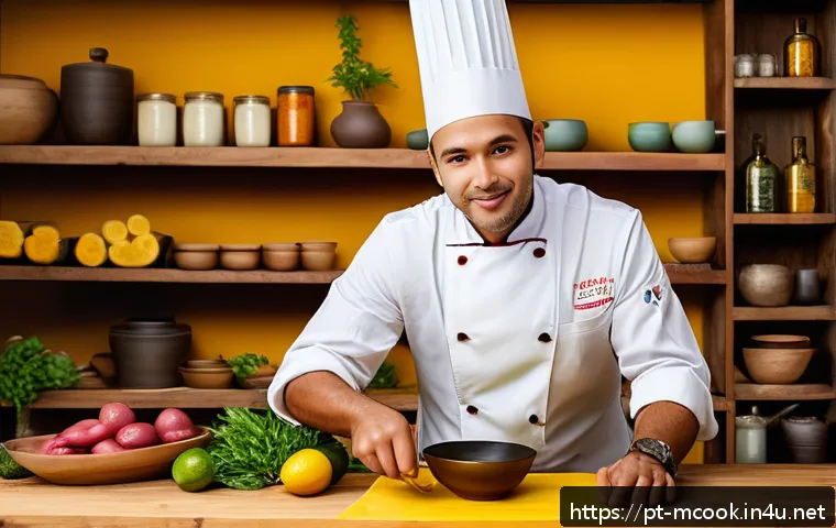 다문화 요리사 경력관리 - A vibrant multicultural kitchen scene showcasing a professional chef in mid-30s, wearing a clean whi...