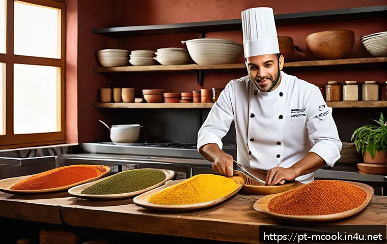 다문화 요리사의 요리 경연대회 준비 - A vibrant professional kitchen scene showcasing a Brazilian chef blending traditional northeastern B...